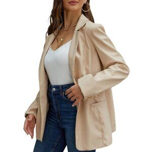 Vegan Leather Blazer Coat Button Front Oversize Jacket - 21002 Apricot